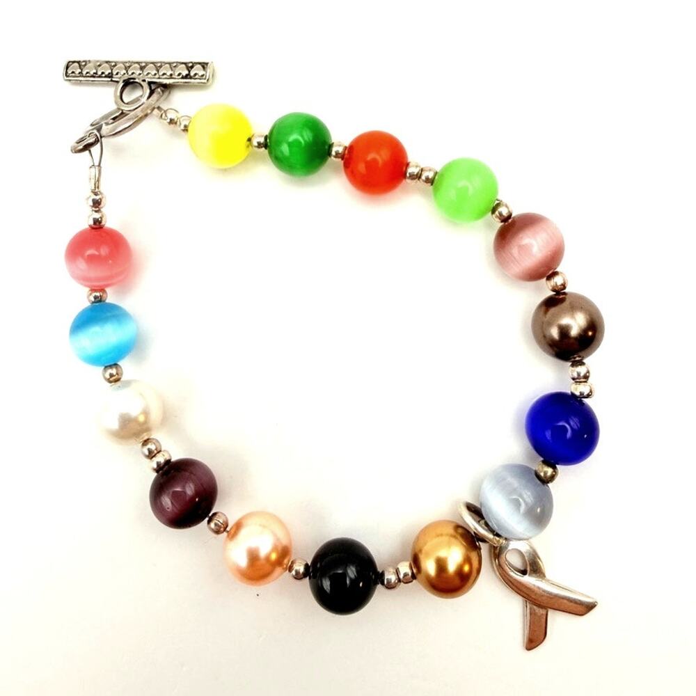 SIC 925 Sterling Silver Cancer Awareness Ribbon Moonglow Glass Bead Toggle